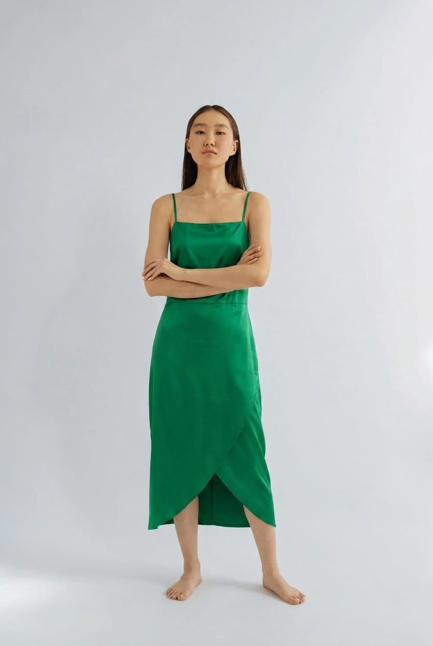 Mirror try-on render: the same shopper wearing the satin slip