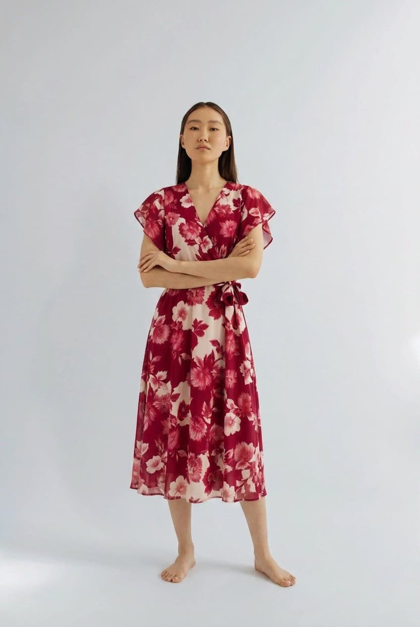 Mirror try-on render: the same shopper wearing the floral wrap