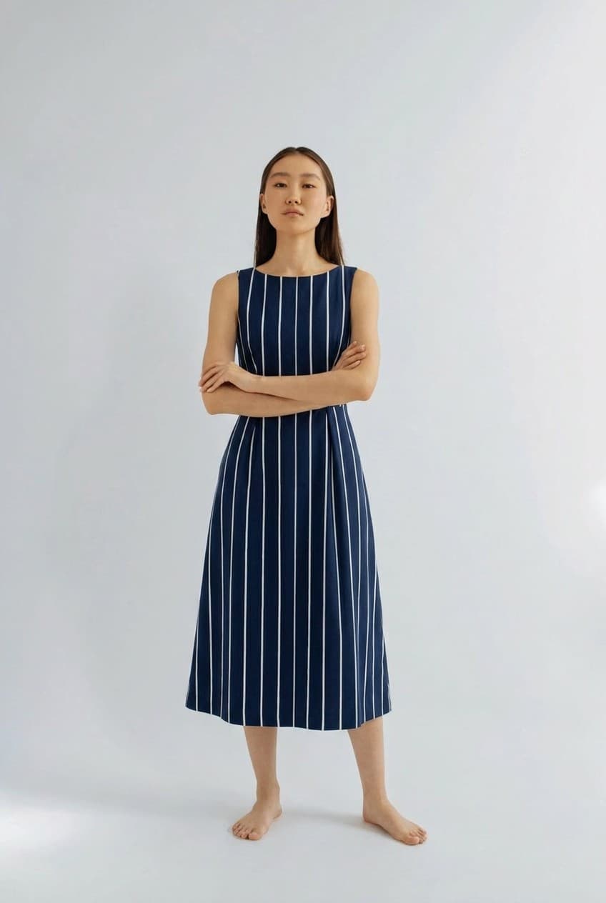Try-on render: the shopper wearing the pinstripe midi dress